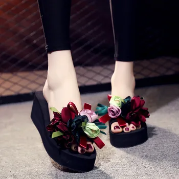 

2019 Summer Flip Flops Slip-On Flat Platform Peep Toe Elegant Riband Floral Chunky Wedges Beach femme Shoes