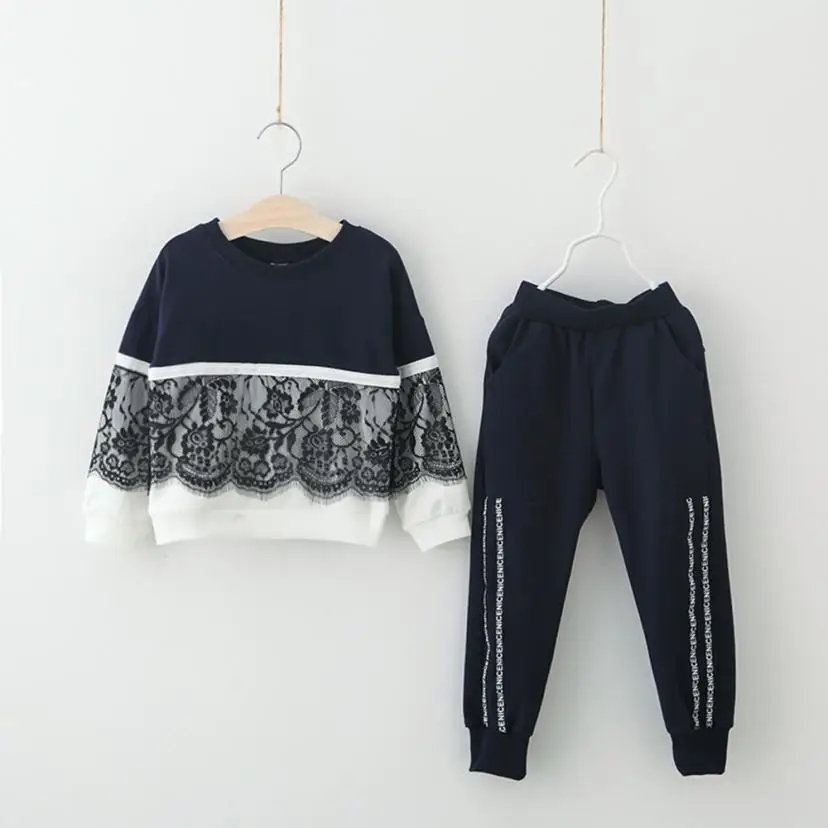 Детский комплект модная Дети для маленьких девочек кружева пуловер Толстовка Комплекты из топов и штанов; комплект одежды