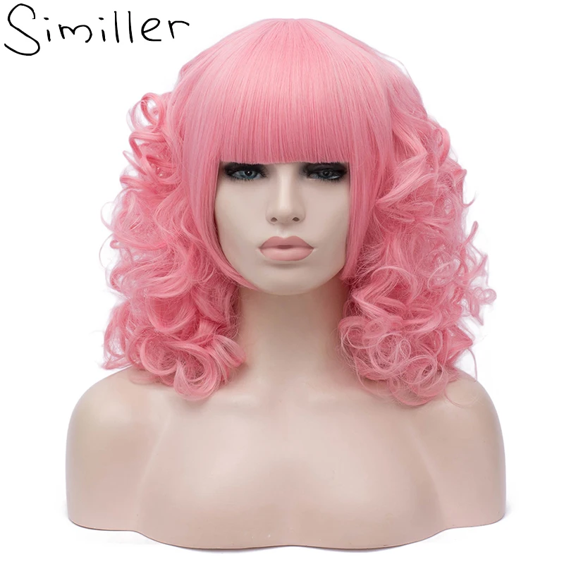 Similler Hot Pink Synthetic Curly Short Hair Wig for Women Fluffy Halloween Costume Cosplay Wigs