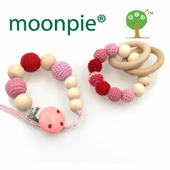 Retail nursing toy set pastel Pink Natural Baby pacifier clip Dummy holder Crochet wooden beaded new mommy baby girl gift NT130