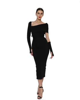 

new style fashion dress sexy women elegant one- shoulder slash neck sashes celebrity body con evening party dresses wholesale