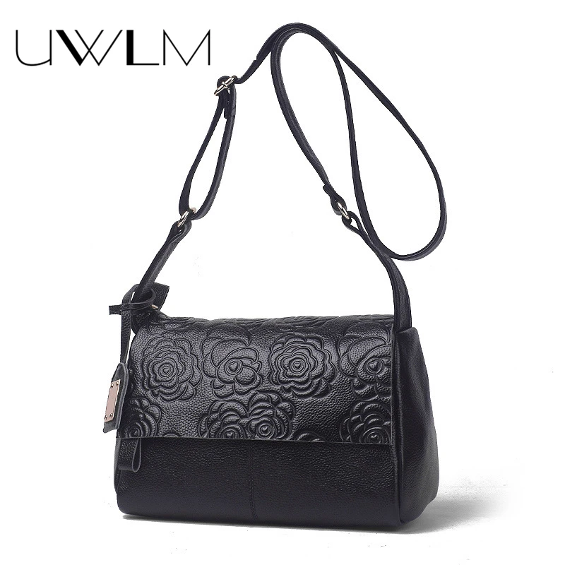 

Women Messenger Bags Real Soft Genuine Cow Leather Handbags Cover Shoulder Cross Body Flowers Embossed Femininas Black Handbags