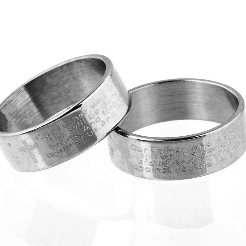 

QianBei Fashion Jewelry Ring Women Men English Rosary Prayer Bible Stainless Steel Religious Cross Ring Lord Wedding Party Gift