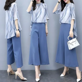 

Summer2019 Korean Light Blue Stripe Two Piece Set Fashion Wide Leg Pants Elegant Women 2 Piece Sets Outfits Twinset Clothes