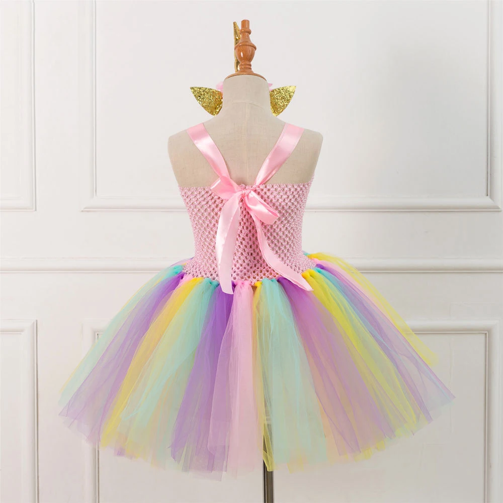 

Unique Colourful Girls Tutu Dress Children Tulle Mesh Unicorn Dress For Celebration Parties Strap Ball Gown Dress 10 12 Years