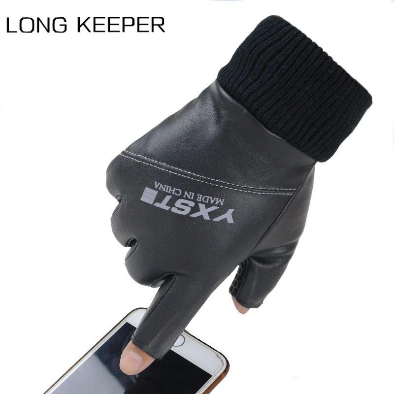 

PU Leather Half Finger Gloves Men Windproof Warm Fingerless Fishing Gloves Mittens Waterproof Anti-slip Luvas Guantes Ciclismo