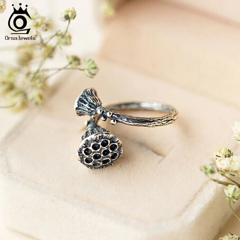 ORSA JEWELS Genuine 925 Sterling Silver Rings For Women Charm Lotus Flower Open Ring Adjustable Creative Anniversary Gift PSR49
