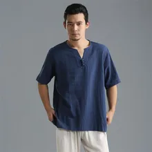 Новая летняя брендовая рубашка мужская с коротким рукавом Свободная тонкая хлопковая полотняная Мужская рубашка модная однотонная трендовая с v-образным вырезом размер M-6XL
