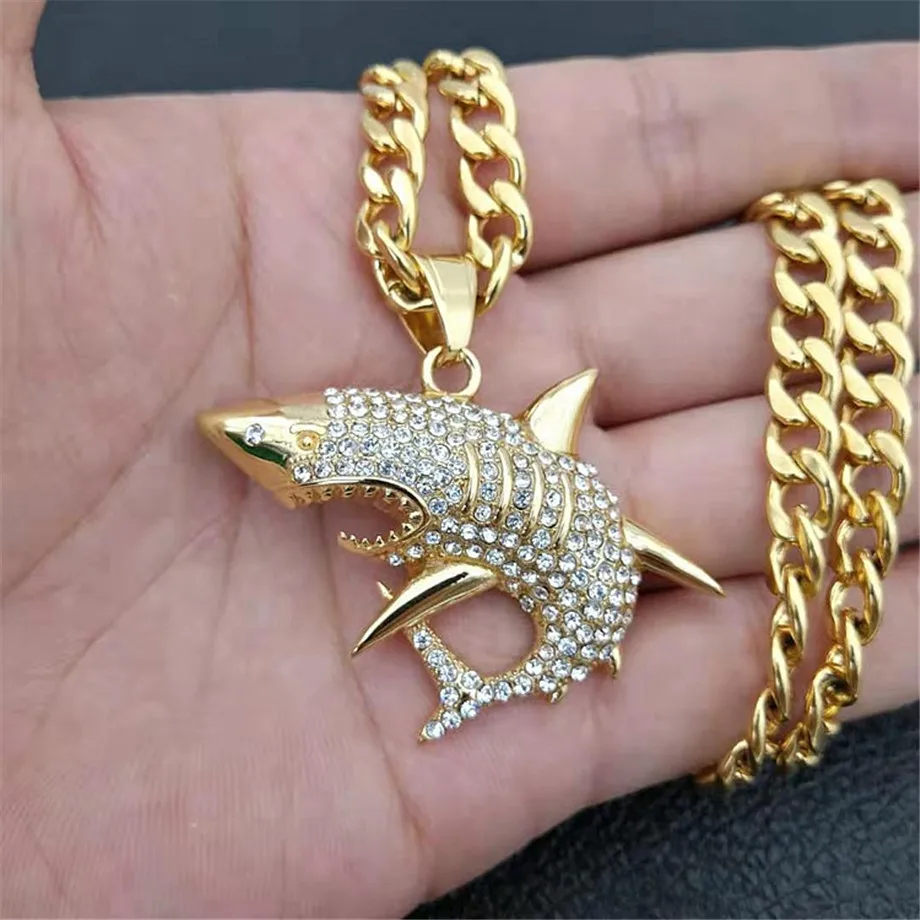 

Hip Hop Iced Out Big Shark Pendant Necklaces Hiphop 2019 Mens Gold Color Stainless Steel Ocean Necklaces Jewelry For Men Chain