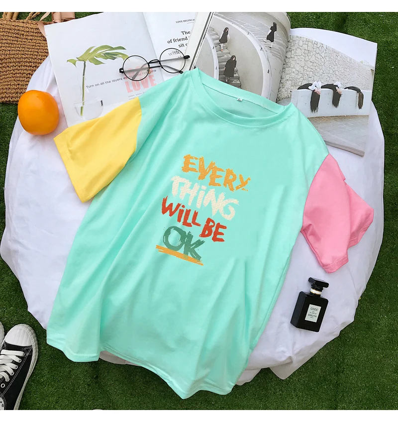 Summer Female T Shirts Women Fuuny EVERYTHING WILL BE OK Colorful Splicing Cotton Tops Streetwear Harajuku Casual Korean Clothes (3)