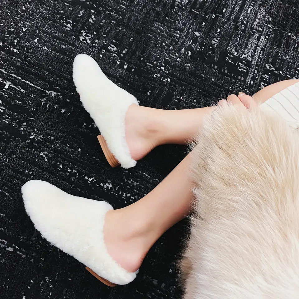 Pu Negro Forrado Mujer Bajo Toe 2019 Eshtonshero Blanco Tamaño Piel blanco Slip Zapatillas Boda 3 En Ronda Tacón Oveja Zapatos De 9 gqCRxO