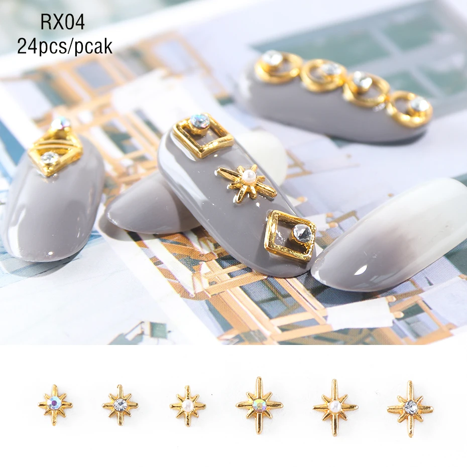 24pc Gold 3D Nail Art Decorations Charm Alloy Metal Set Mixed Star Moon AB Rhinestones Jewelry Frame Rivet DIY Accessories LA971 (14)