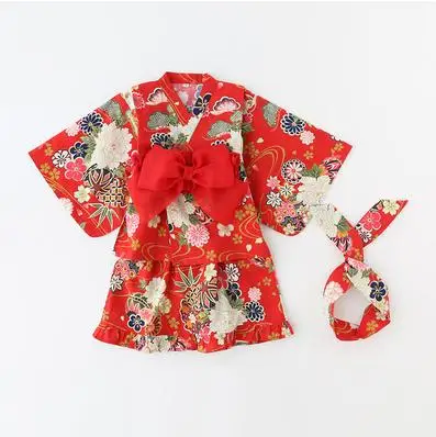Детские японские комплекты с платьем-кимоно, одежда для маленьких девочек, летние хлопковые топы+ платье+ галстук, костюмы, платье, детский костюм для подростков с принтом, Y1013 - Цвет: picture 4PCS sets