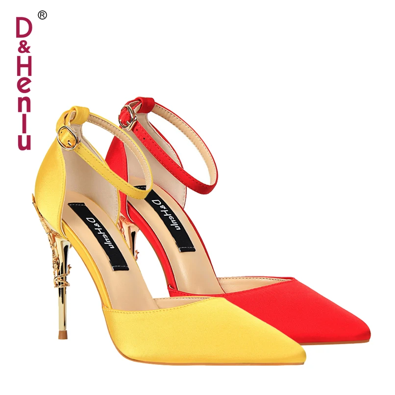 

{D&Henlu} New Summer Shoes Woman Women's D'Orsay & Two-Piece High Heels Silk Yellow Stilettos Carved Metal Heel Party Shoes