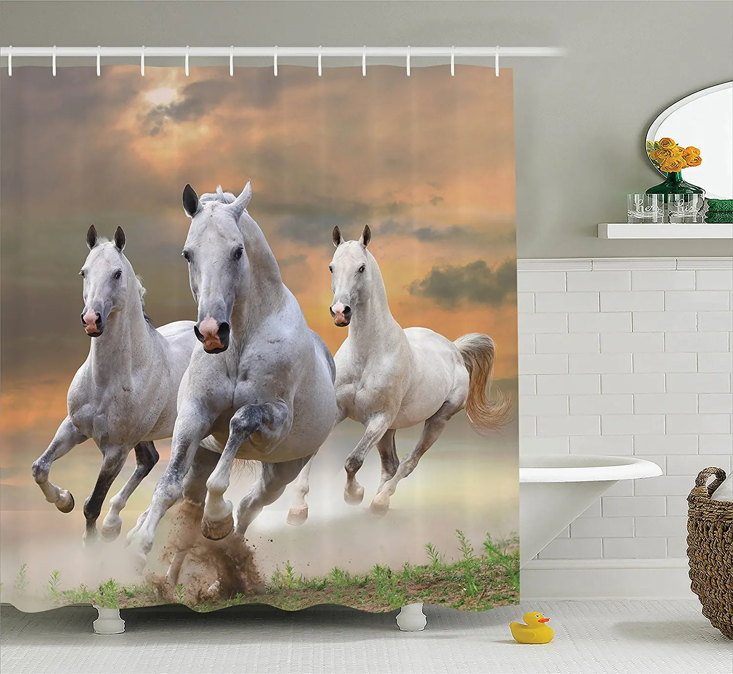 Animal Decor Shower Curtain Set Stallion Horses Running On A Mystical