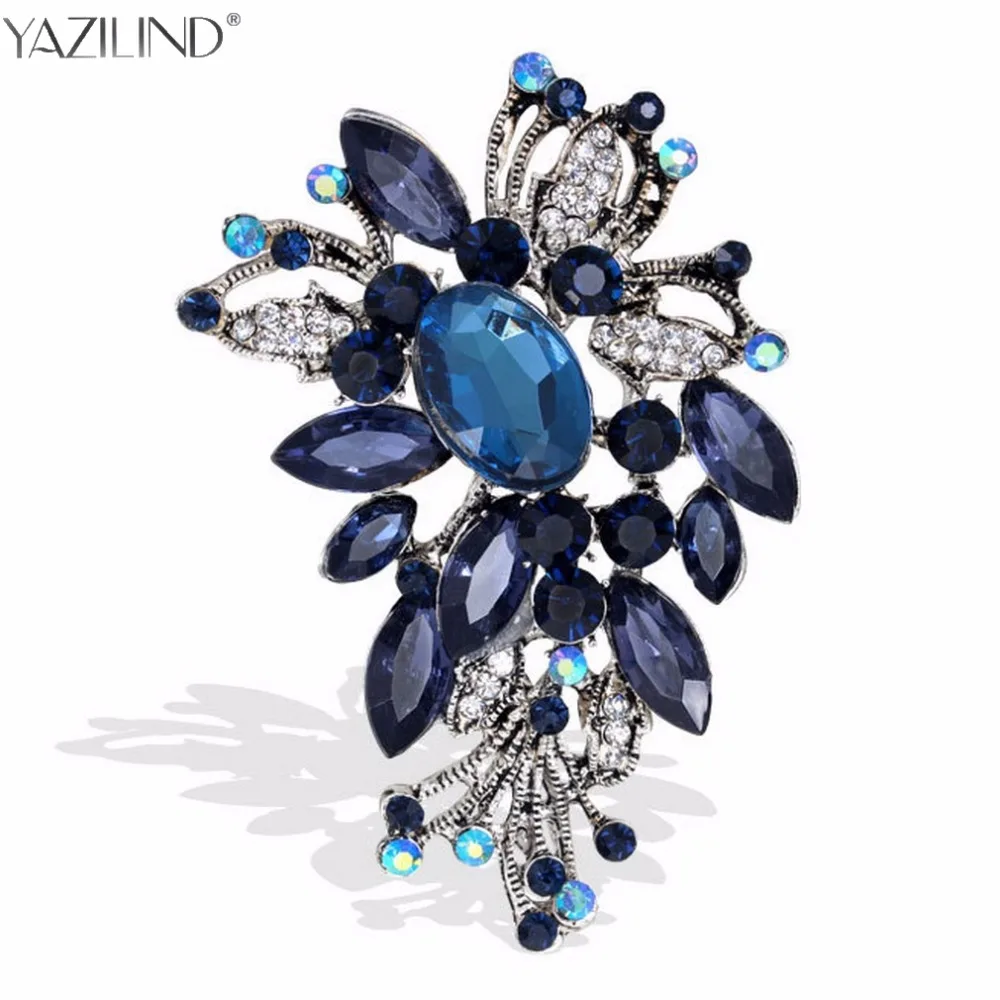 Elegant Silver Brooches Dark Blue Glass Crystal Flower Brooch Pins New