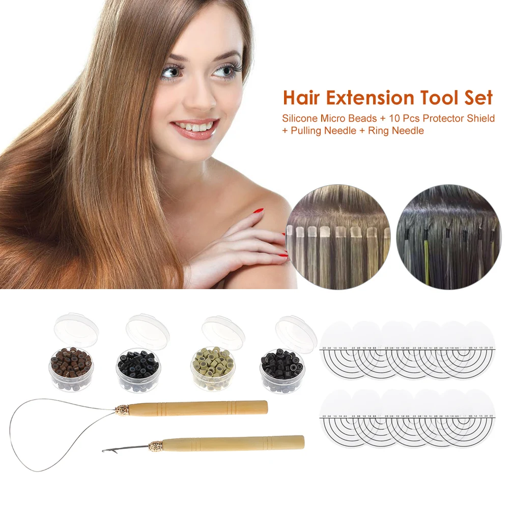 

400Pc Silicone Micro Links/Beads+1Pcs Pulling Needle+1Pcs Ring Needle +with Heat Protector Shiel Hair Extensions Tool Set Makeup