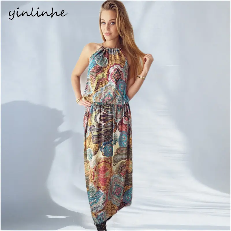 Yinlinhe 2018 Холтер богемный цветочный принт Длинное Макси платье пляжное без рукавов