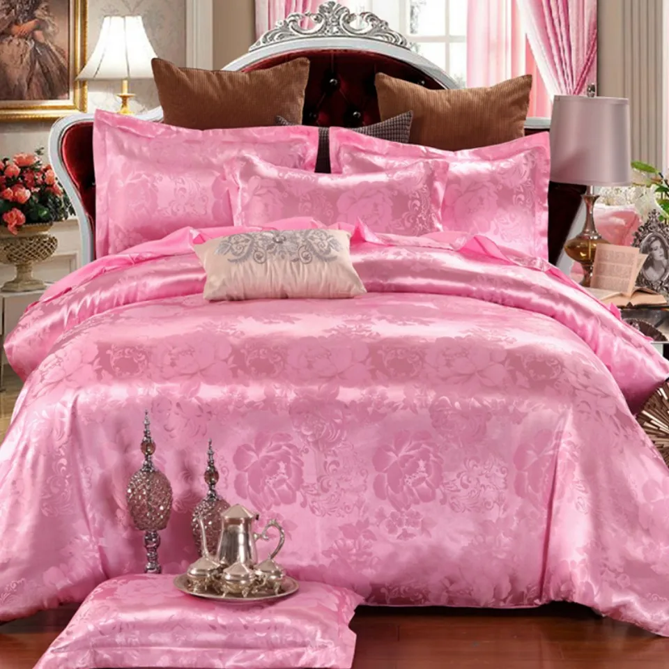 

Hot sell Jacquard Bedlinen Queen King Size Duvet cover Set Silk and Cotton Bedding Sets Pink Colour