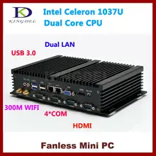 Бесплатная доставка двойной RJ45 LAN игр PC 4 г Оперативная память 64 г SSD безвентиляторный промышленный мини настольных ПК Intel Celeron 1037U Blu-Ray 1080 P 4 * COM