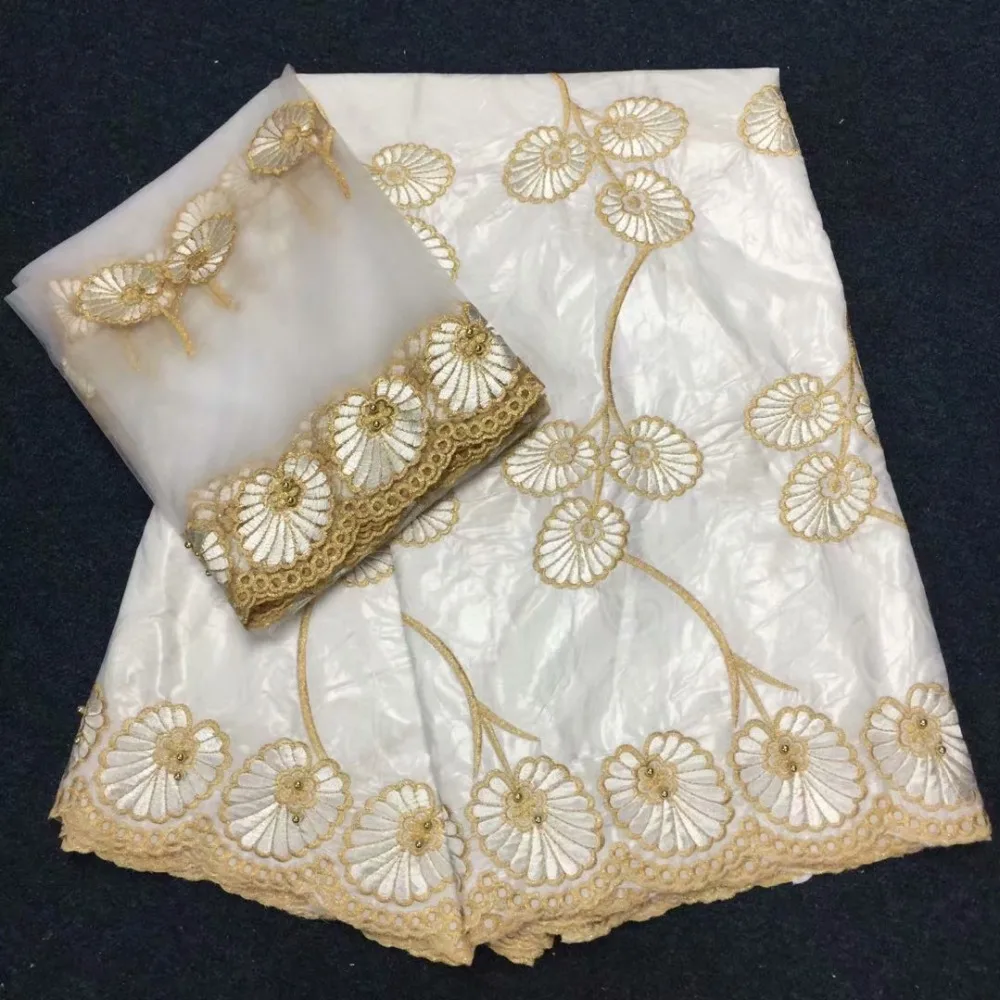 

New arrival white African Bazin Riche Getzner fabrics with Beads,French net Embroidery lace Nigeria for dress (5+2yards )