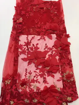 

Red+Gold Embroidery African Lace Fabric 2019 3D Flowers Beaded Tulle Lace Fabric High Quality Beautiful French Tulle Lace Fabric