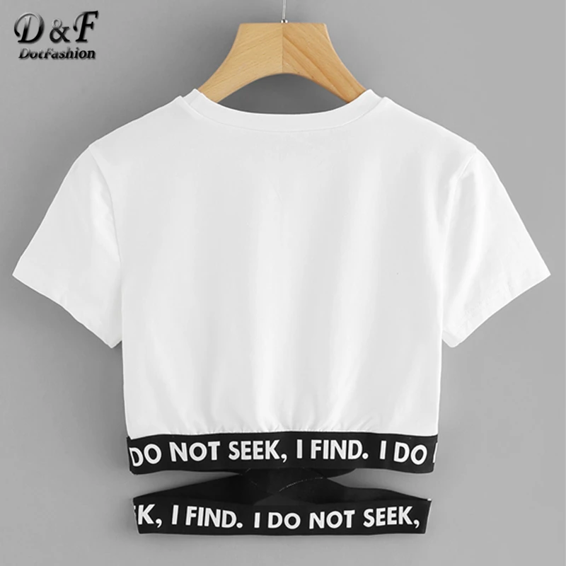 Dotfashion Contrast Slogan Criss Cross Waist Tee 2019 Summer Round Neck Short Sleeve Top Women Asymmetrical T Shirt