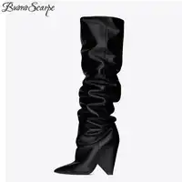 BuonoScarpe Slip On Knee High Boots 2019 Cone Heels Pleated Fashion Women Boots High Heels Ladies Brand Design Shoes Knight Shoe
