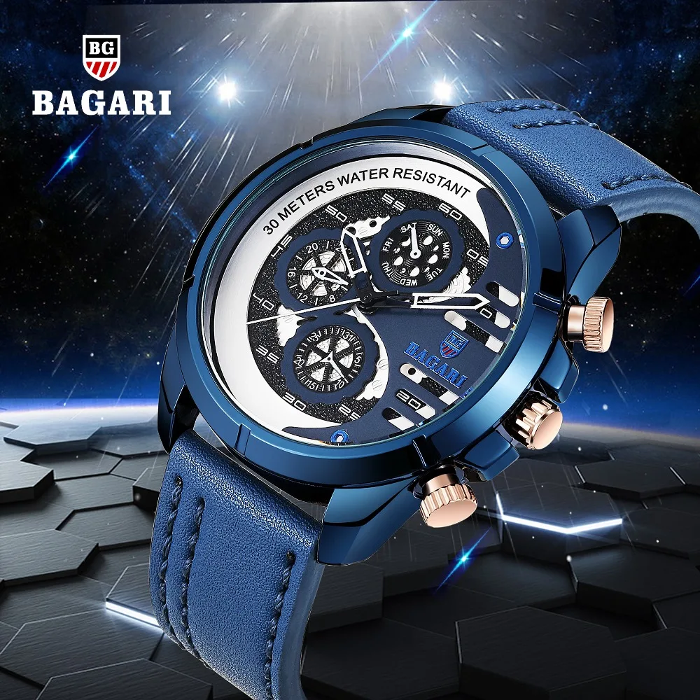 

BAGARI Men Watch 30m Waterproof Military Sport Wristwatch Leather Quartz Watch Top Brand Luxury Business Clock Relogio Masculino