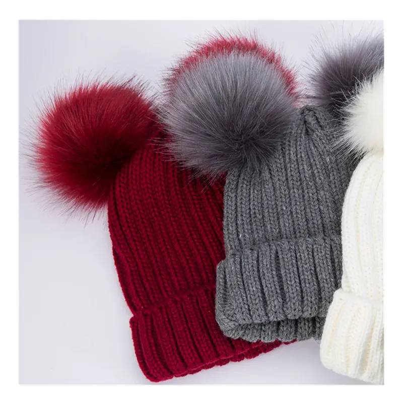 Women Winter Faux Fur Pom Pom Beanies 