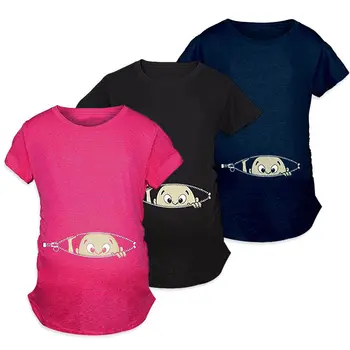 

New summer large size pregnant woman cartoon baby print staring at women's wear pregnant women short-sleeved T-shirt funny shirt