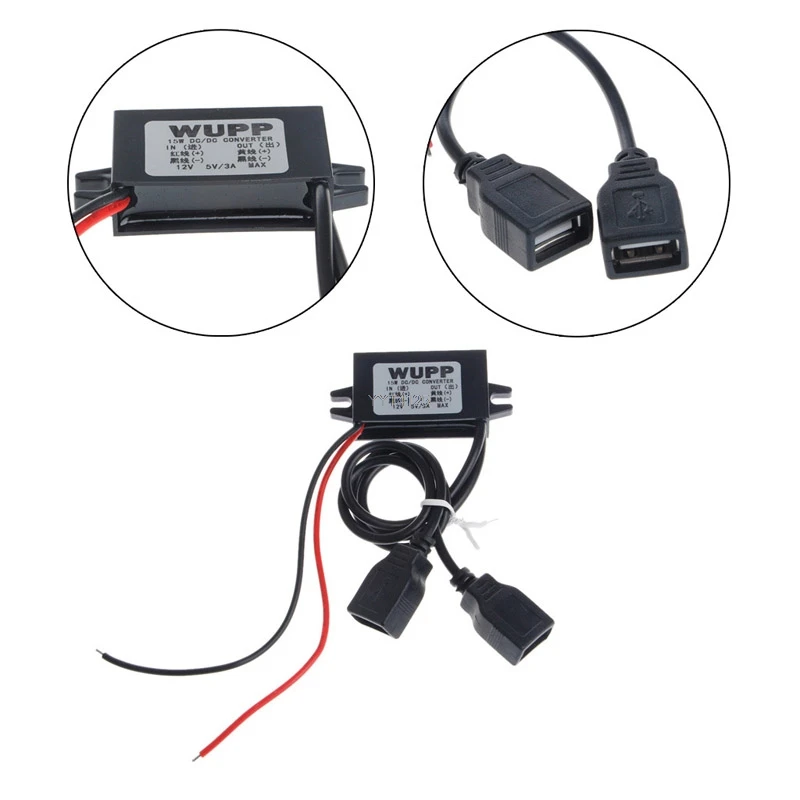 DC 12V до 5V 3A 15W жесткий проводной Шаг вниз двойной USB Автомобильное зарядное