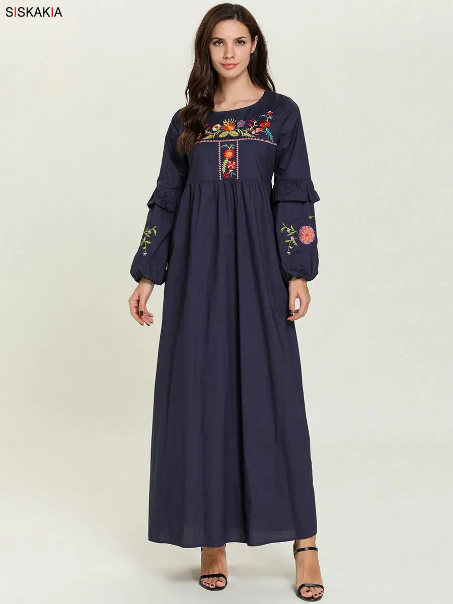 Siskakia, длинное платье трапециевидной формы для молодых девушек, темно-синее платье с цветочной вышивкой и высокой талией, Драпированное Лоскутное Платье макси с длинным рукавом