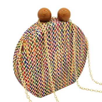 

Straw Design Multicolored Woven Round Circular Bags for Women 2019 Designer Evening Party Clutch Chain Shoulder Handbag Purse