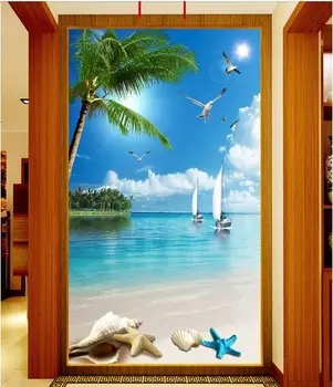 

Custom photo 3d wallpaper Non-woven mural picture The seagulls coconut palm beach the sea sailing 3 d porch mural wall paper