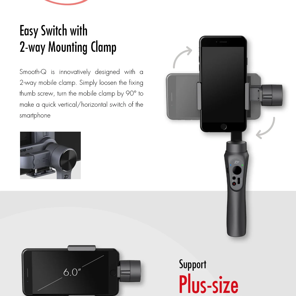 ZHIYUN Smooth Q 4 3-осевой стабилизатор для смартфона, для телефона, для iPhone 7 6s плюс S7 S6& Gopro 3/4/5 samsung S8 портативный монопод с шарнирным замком