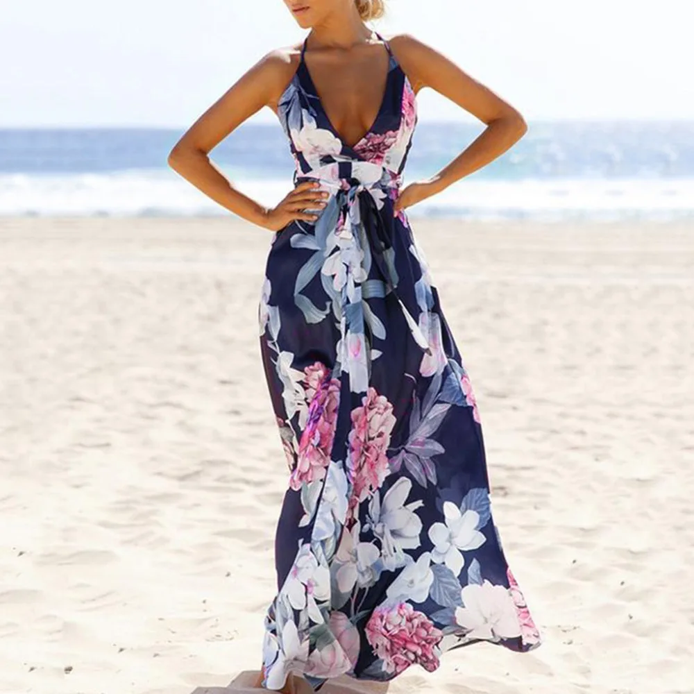 

2019 New Women's Summer Floral Derss Elegant Sleeveless Backless Boho Maxi Long Dresses Evening Party Dress Vestidos robe femme