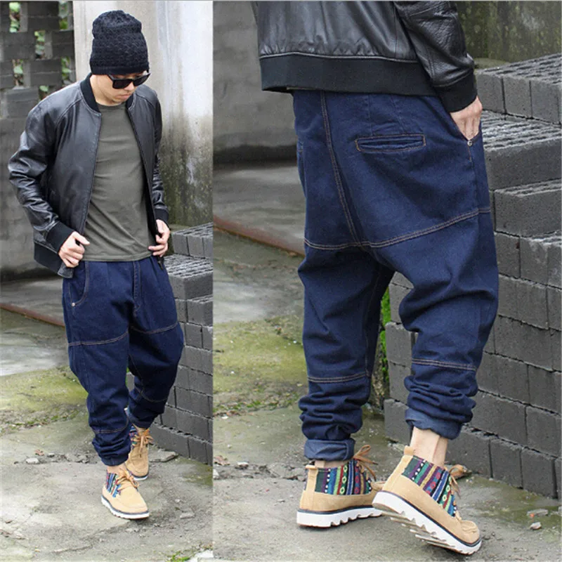 

2017 New Men Low Crotch Jeans Harem Jeans Hip Hop Baggy Fit Fashion Plus Size Man Jeans