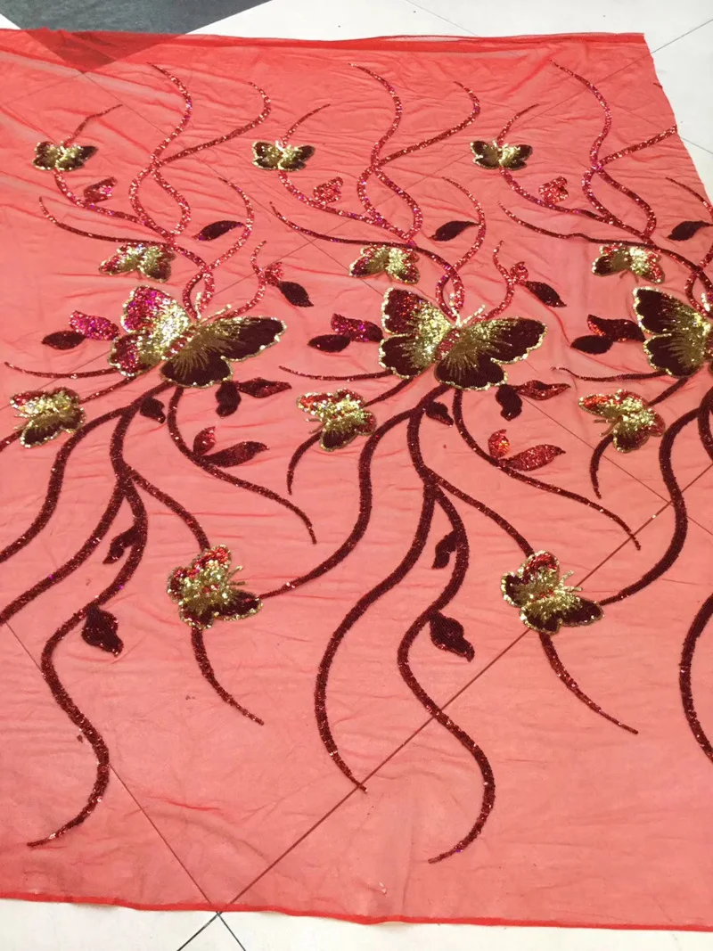 

(5yards/pc) high quality red and gold African sequins net lace fabric French lace fabric with embroidery for party dress FLZ801
