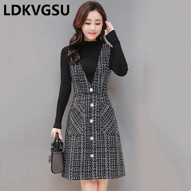 

Strap Wool Plaid Thicken Dress Female 2019 Spring Autumn New V-Neck Single Breasted Large Size Slim Women Vest Dress Is1649