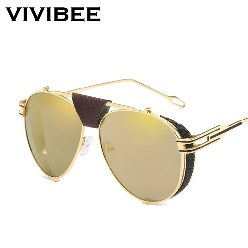 VIVIBEE роскошные золотые UV400 Мужские Авиаторы Солнцезащитные очки с кожаными