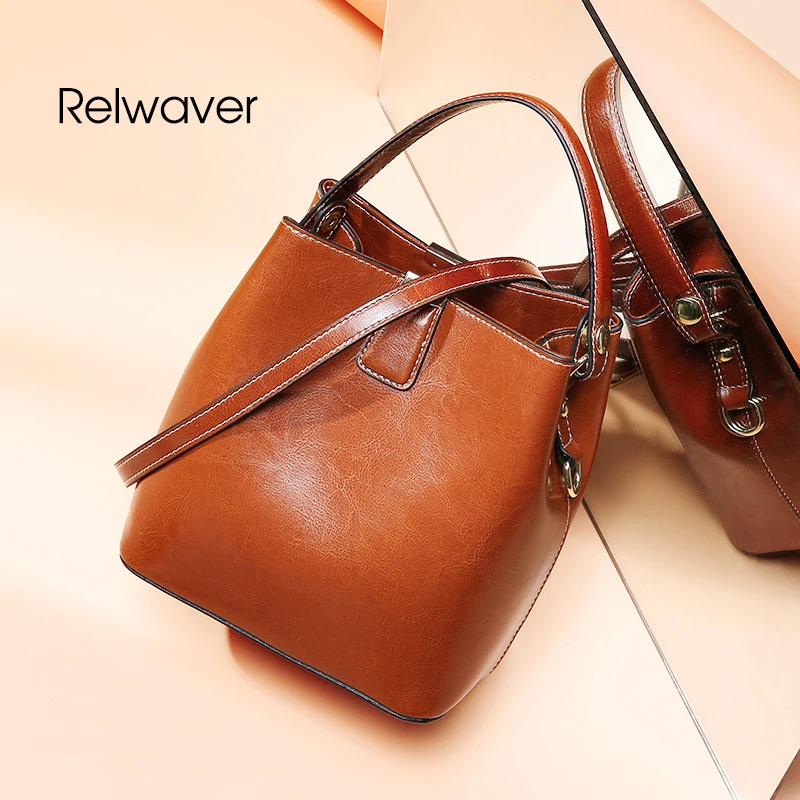 

women crossbody bag genuine leather waxy second layer cowhide bucket shape brief earth yellow black white pink shoulder bag
