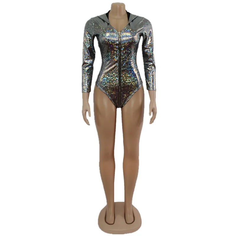 Laser Holographic Hooded Bodysuit Women Long Sleeve Deep V Neck Bodycon Playsuit Fashion Hoodie Jumpsuits Shiny Party Clubwear