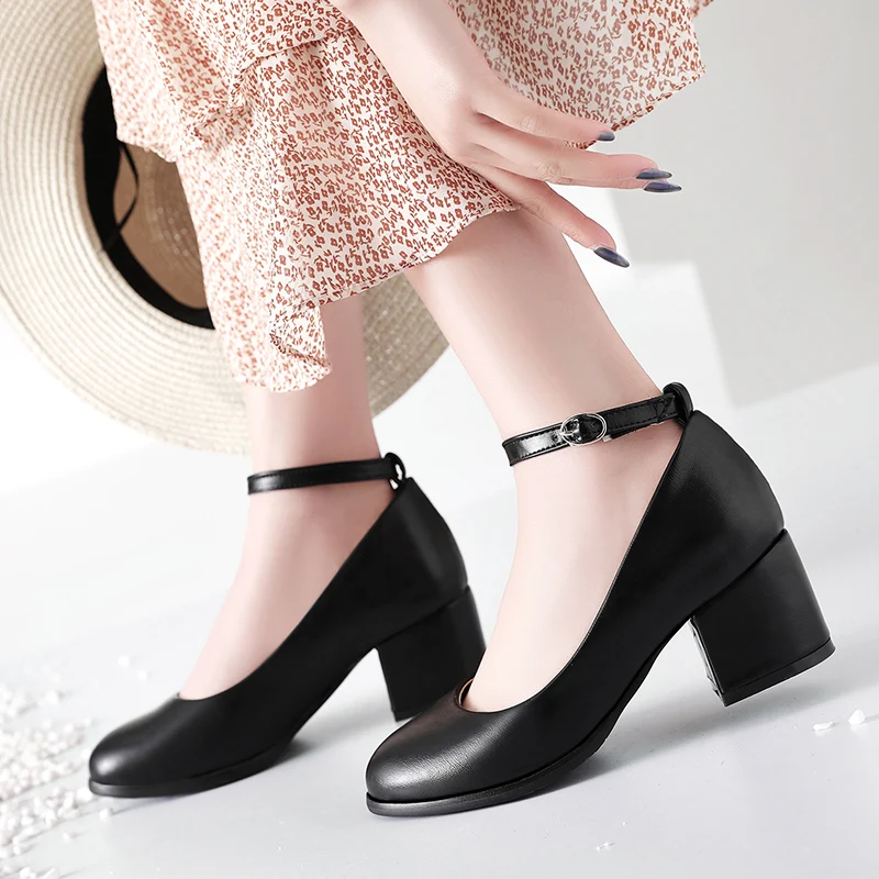 

SARAIRIS Large Size 32-45 Spring classic Pumps round Toe square Heels Shoes Woman elegant ankle-strap office lady Footwear