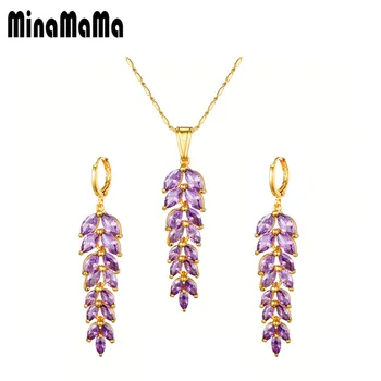 

New Desgin Gold color Jewelry Sets Fashion Purple Zircon Leaf Pendants Necklace Drop Earring Set Wedding & Engagement Jewelry
