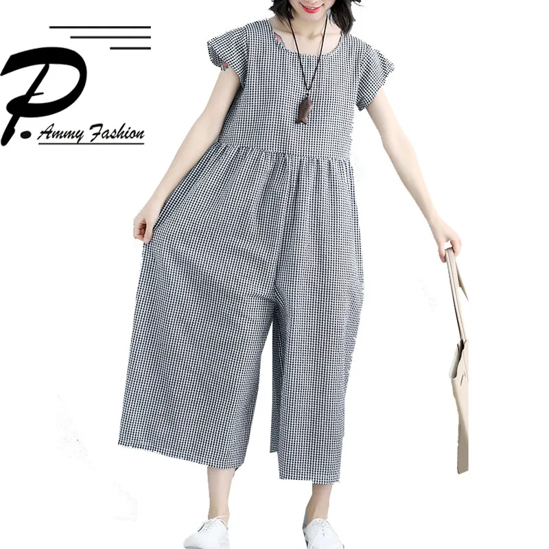 Fashion Oversized Linen&ampCotton Vintage Plaid Loose Wide leg pants Jumpsuits 2018 Summer Overalls Trousers Streetwear Rompers |