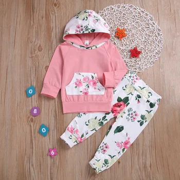 

Spring Autumn Baby Girls Cotton Long Sleeve Hooded Hoodies + Floral Print Casual Trousers Kids Infant Clothing Sets 2Pcs Suits