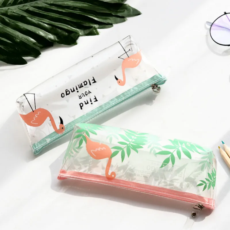 

1pcs/sell Kawaii Pencil Case transparent cute Pink Flamingos pattern School Supplies Student Stationery Gratitude Christmas Gift