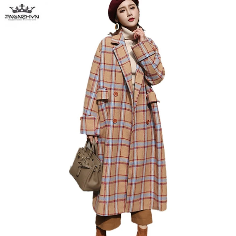 Winter Woolen Coat New Boutique Fashion Large size Plaid Women Coat Thicken Long Autumn Wool Woolen Coat Casual Outerwear Female