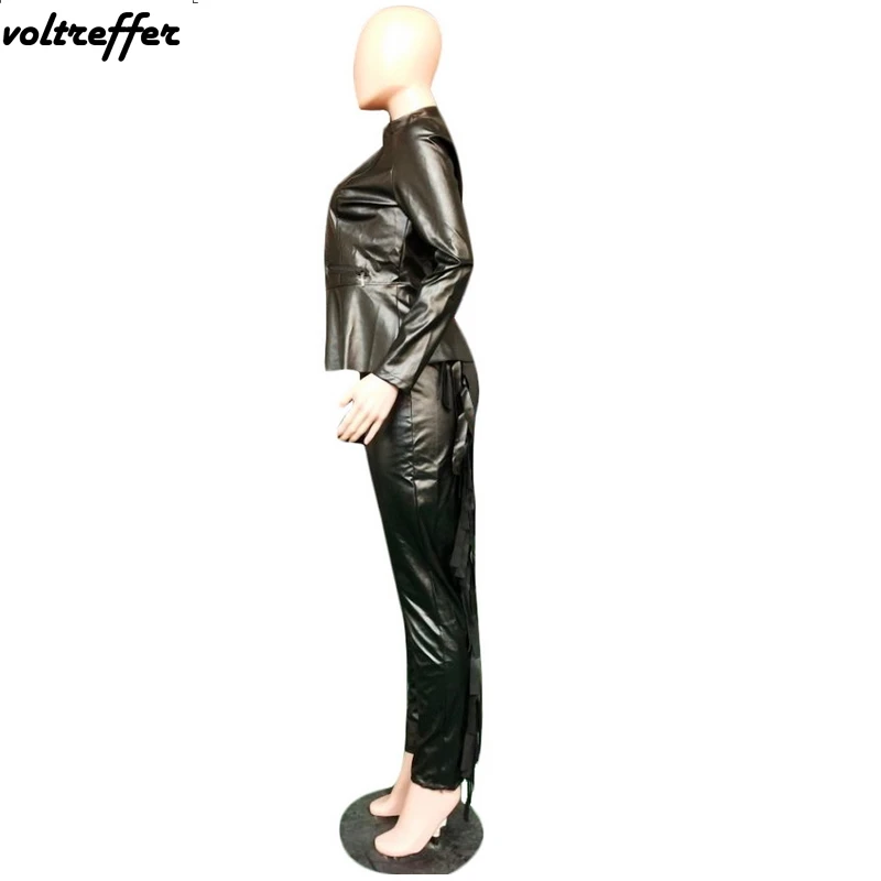 Черный PU Искусственная кожа комплект из двух предметов Ленточки молния баски Pinup кардиган длинные штаны спортивный костюм сексуальные